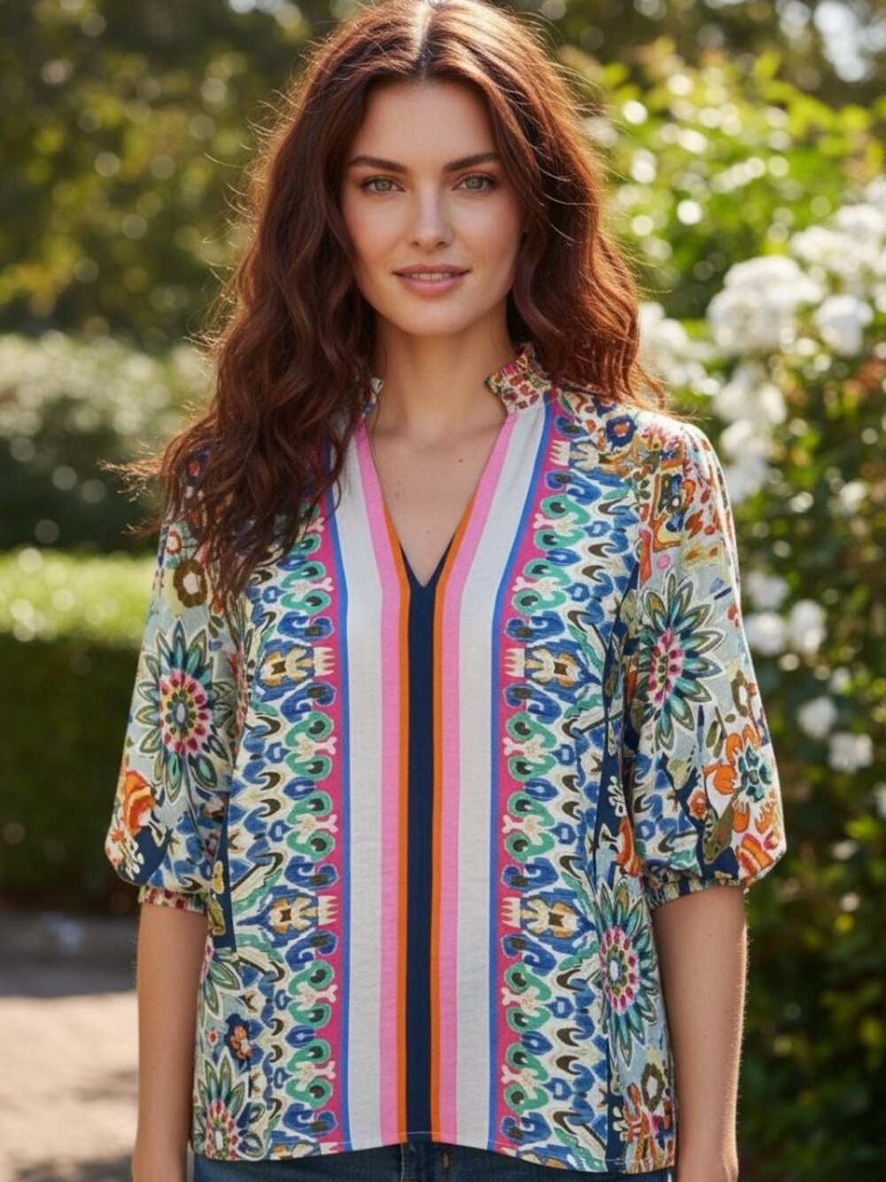 THML Boho Tunic Top Womens M Multicolor Ikat Floral Striped V-Neck Split Neck